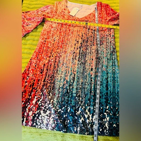 Ombre Bell Sleeve Dress V Neck Pink Teal Abstract Sz L NWT - Picture 8 of 9